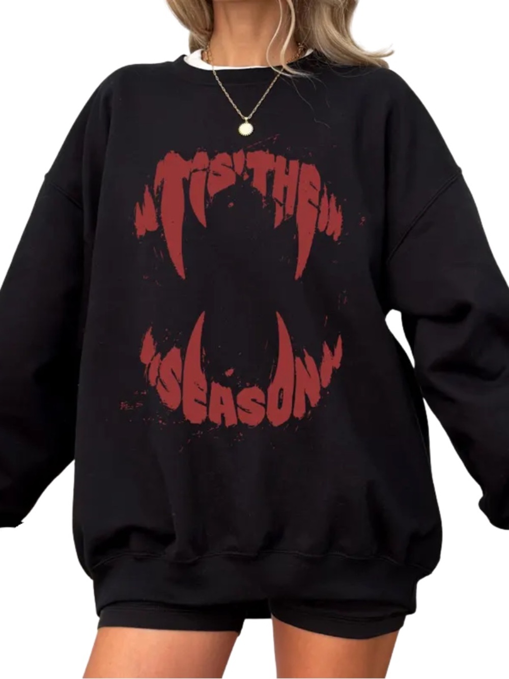 Gildan Black Crewneck Sweatshirt with Red Graphic Fang Design
